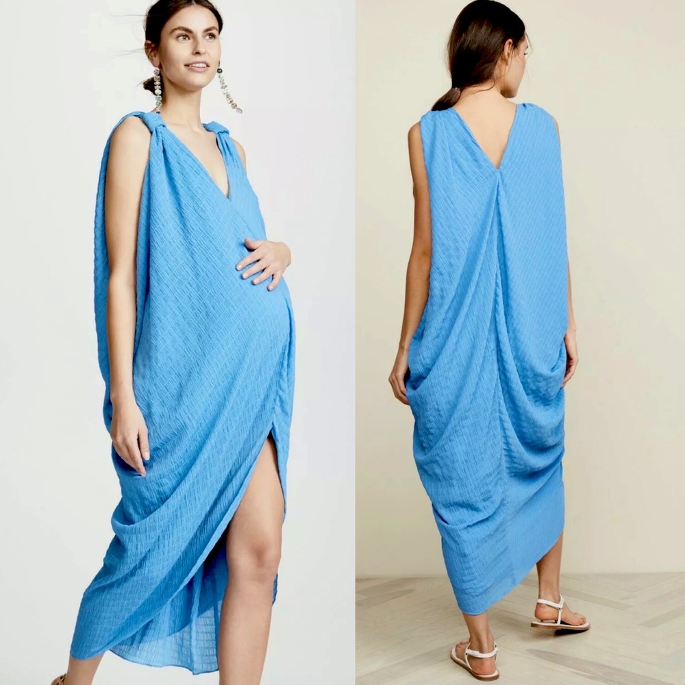 Hatch Maternity The Amira Shirred Crepe Knot Straps Caftan Size P O/S Ocean Blue